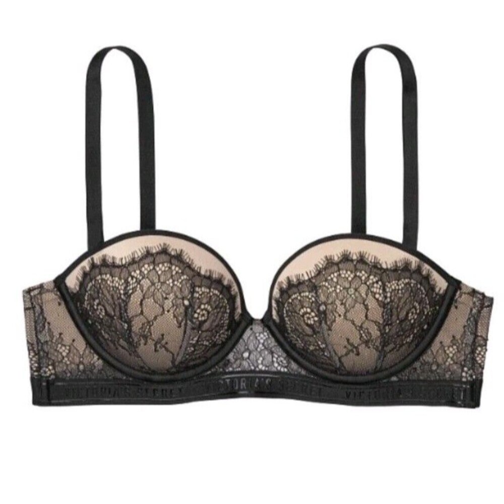 Victoria’s Secret Multi-Way Push Up Strapless Bra Black Tan Lace 32DD Padded